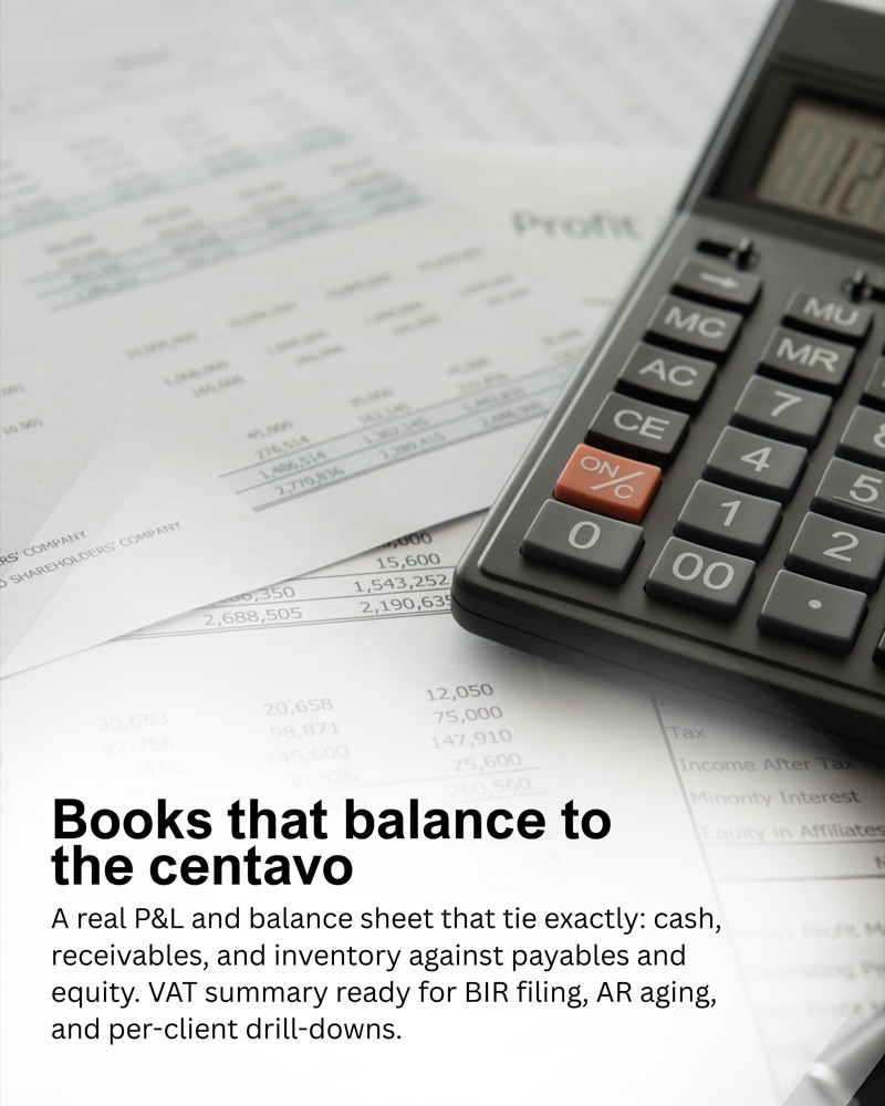 Books that balance to the centavo: a real P&L and balance sheet that tie exactly. VAT summary ready for BIR filing, AR aging, and per-client drill-downs.