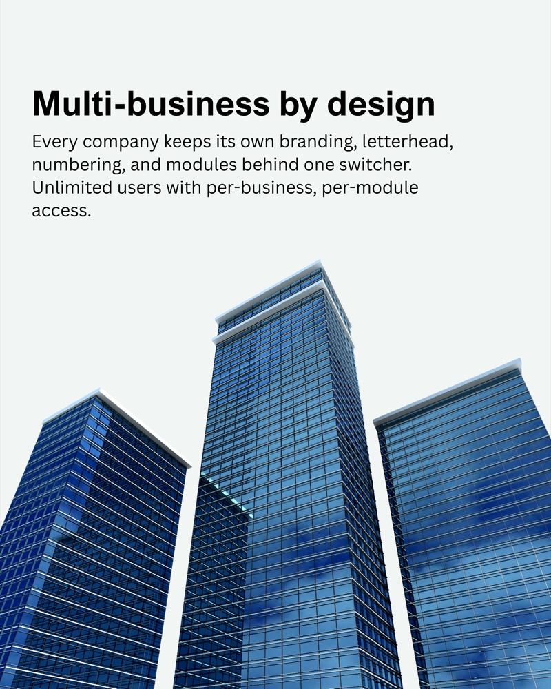 Multi-business by design: every company keeps its own branding, letterhead, numbering, and modules behind one switcher. Unlimited users with per-business, per-module access.
